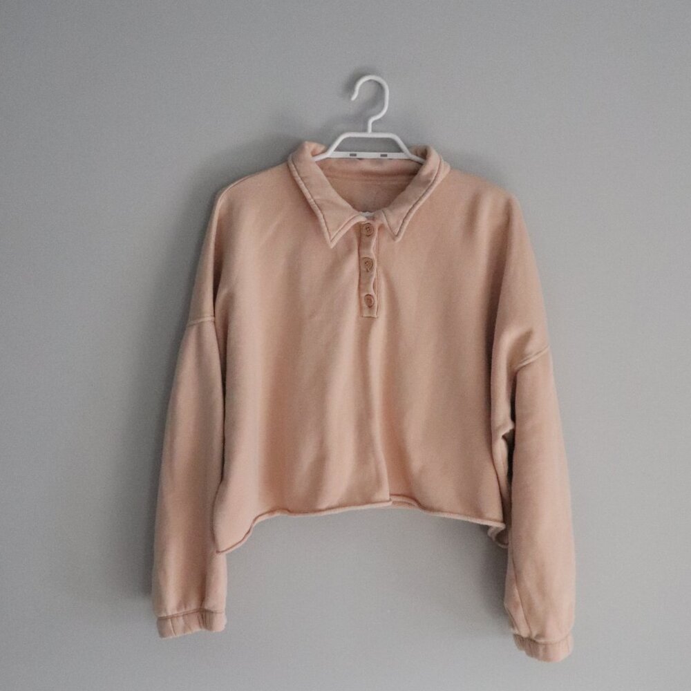 Aerie Cropped Sz Lrg Peach Cropped Button Henley Pullover Long Sleeve Sweatshirt